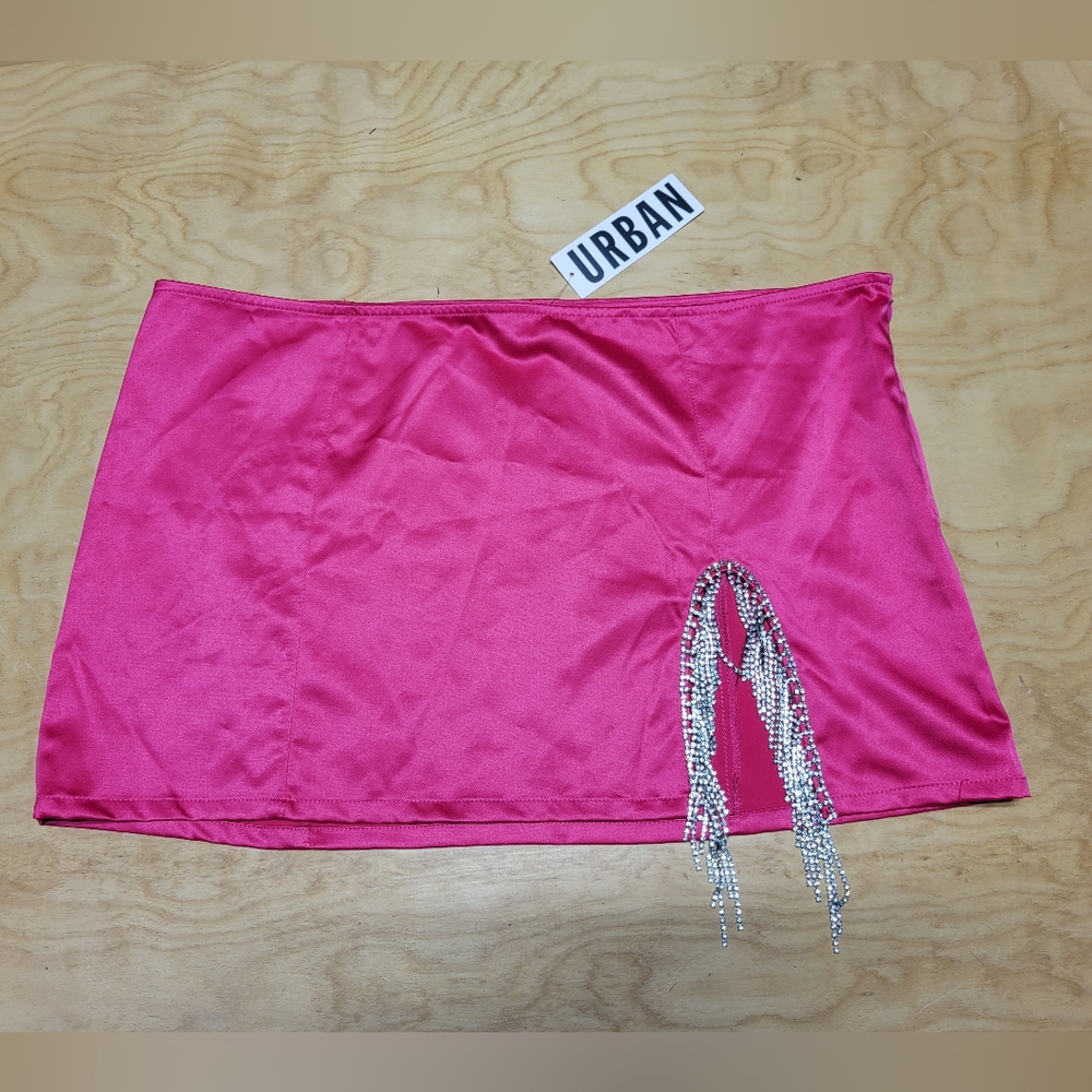 Urban Outfitters Hot Pink Satin & Rhinestone Fringe Mini Skirt XL